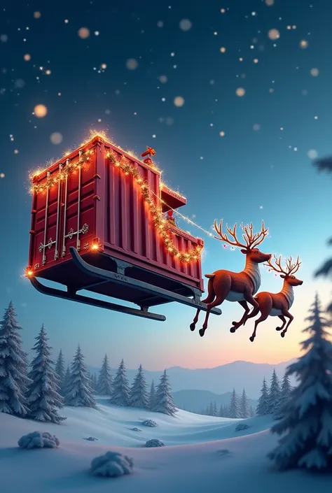 Sleigh shaped like an import container with gifts