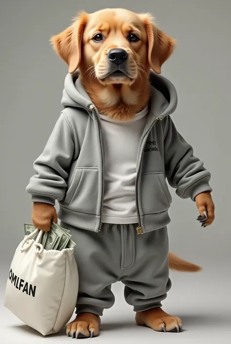  Un golden retriever habillé avec un jogging gris, un t-shirt blanc et un squid zippé Ralph Lauren gris. Il tient un sac blanc CNFAN avec de l’argent dedans
 Il a lair serieux.