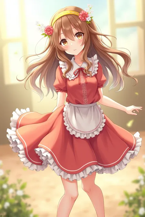 Make me an anime girl with brown hair and waves at the ends, and brown eyes with a yellow headband with a loose red dress up to the knee, that can have flowers, adorned with ruffles and details in white or contrasting colors. It is usually accompanied by a...