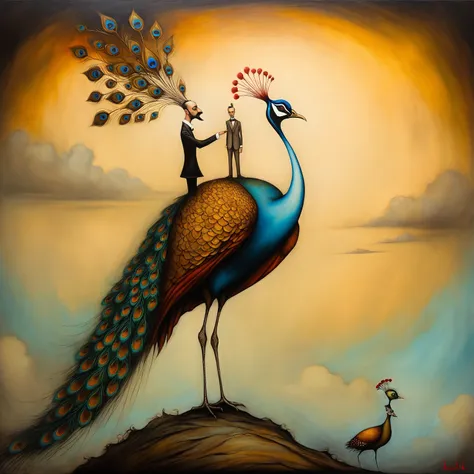 painting of a peacock with a man standing on top of it, esao andrews : : ornate, style of esao andrews, andrews esao artstyle, b...