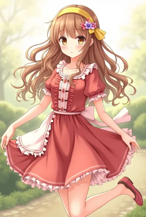 Make me an anime girl with brown hair and waves at the ends, and brown eyes with a yellow headband with a loose red dress up to the knee, that can have flowers, adorned with ruffles and details in white or contrasting colors. It is usually accompanied by a...