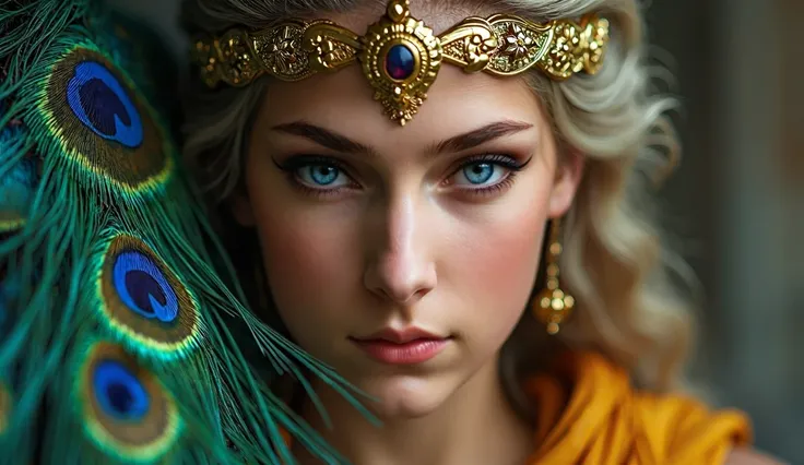 Create a hyperrealistic image of Hera, the goddess and queen of Olympus, Clear eyes of fury, Greek costume and accompanied by a peacock, full quality without imperfections