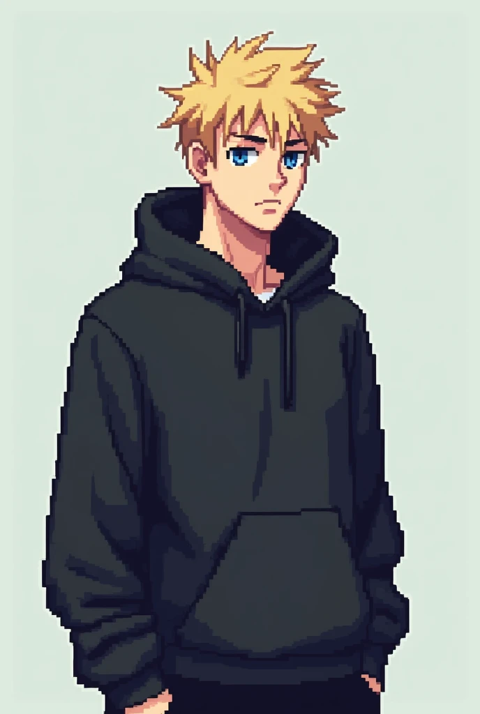 Piksel art style, make a man with blonde hair, blue eyes, wear a black Hoodie 