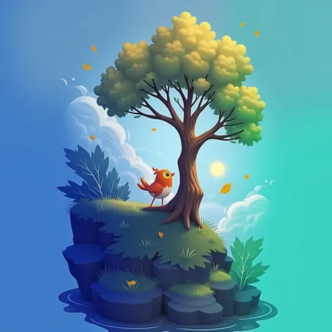 an illustration of a bird sitting on top of a tree in the middle of a, 4 k hd wallpaper illustration, beautiful digital illustration, game illustration, 4 k hd illustrative wallpaper, dream scenery art, serene illustration, 2d matte illustration, a beautif...