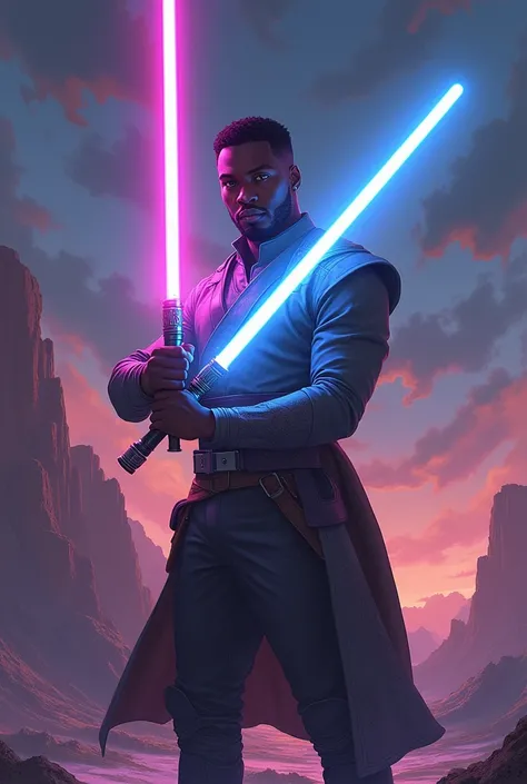 Young black man with lightsaber 