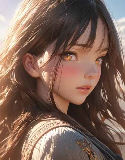 1 beautiful girl, solo, highres, long hair, blush, bangs, bangs covering eyes, multiple views, top view, long straight hair, anime style, cinematic lighting, golden hour, masterpiece, (best quality,4k,8k,highres,masterpiece:1.2),ultra-detailed,(realistic,p...