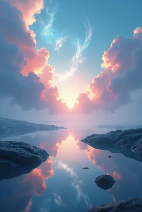 Kaleidoscopic Effect with Light Effects and Reflections: Create a visually captivating scene featuring a kaleidoscopic effect with intricate light effects, reflections, and gradients. Incorporate a dreamy sky with soft, swirling clouds and a misty landscap...