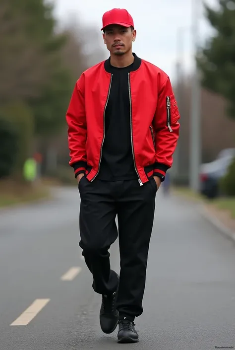 In road side  black tshirt, red bomper jacket black shose red cap in men 
