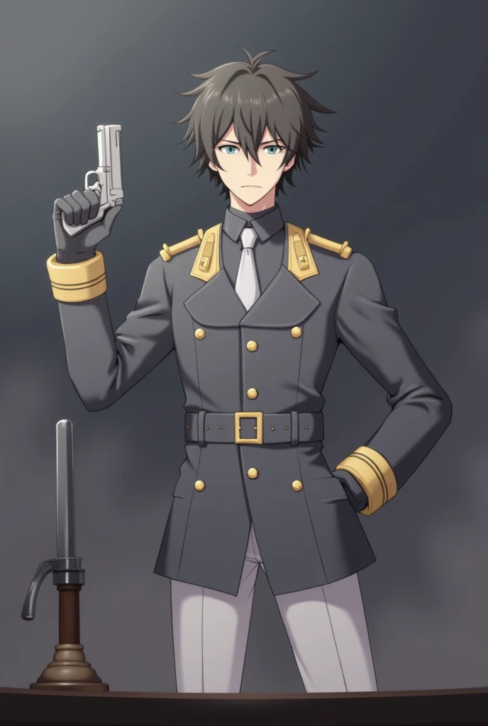 The image depicts a male character who stands out for his intriguing and imposing appearance.. He is dressed in a dark colored military uniform, which appears to be well adjusted and has several details, like gold badges and buttons, giving it an authorita...