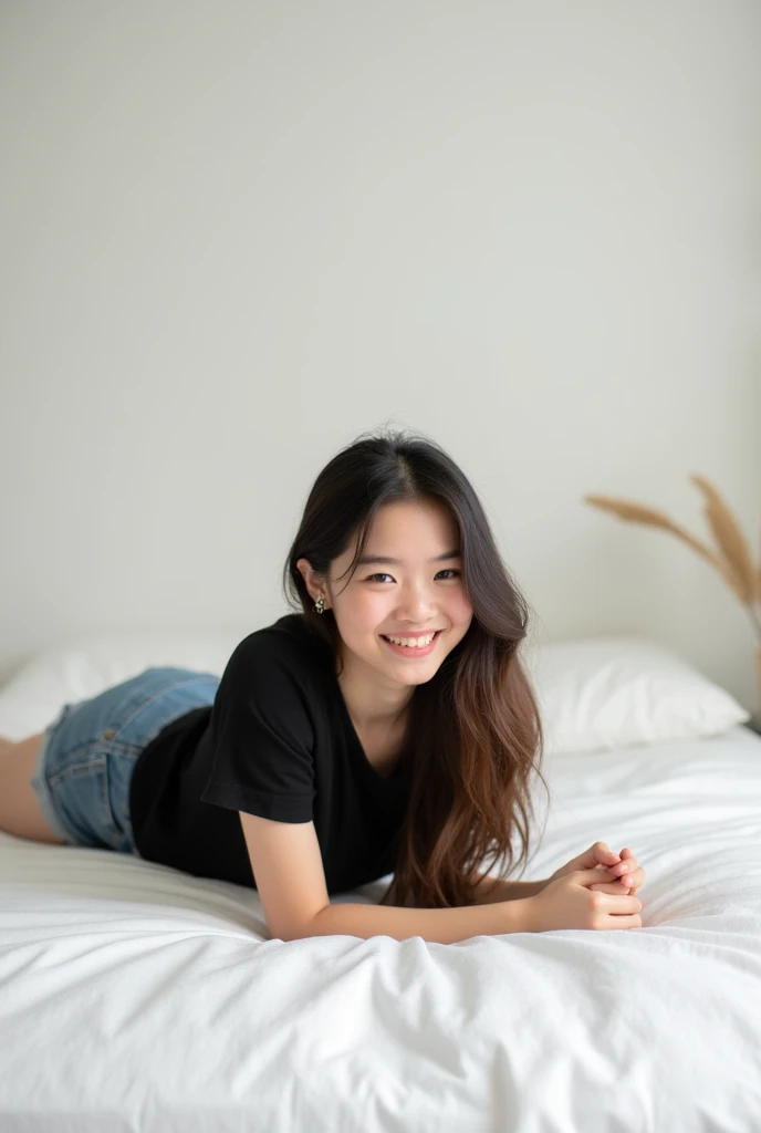 Brunette, smile, physique: smallest belly ever, flat chest, skinny face, white wall, no decoration, jean shorts, black shirt,lying on stomach on bed, looking smiling, pics of the back
