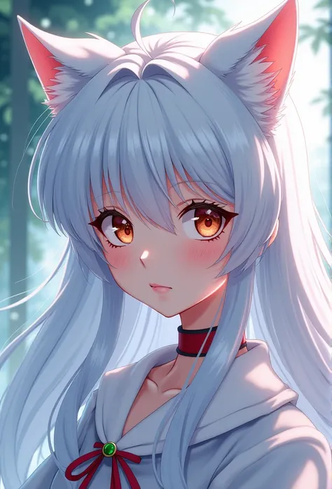 Anime - style photo of a woman with white hair and cat ears inuyasha chalacter