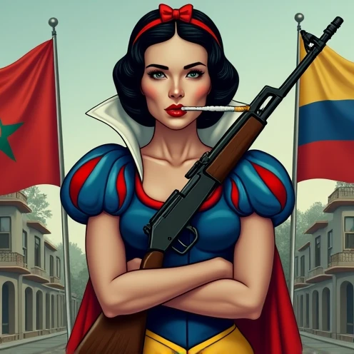 Create a logo with a version of Snow White holding an AK-47, arms crossed, with a joint in her mouth. She is located in a suburb known for drug trafficking, surrounded by the flags of Morocco, the Netherlands and Colombia