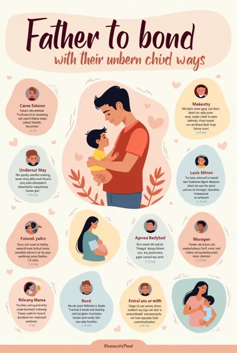 "Create a flyer showcasing ways for fathers to bond with their unborn baby. The flyer should have a warm, inviting tone with a soothing color palette of soft pastels like blues, greens, and yellows. The layout should include a title at the top: Ways for a ...