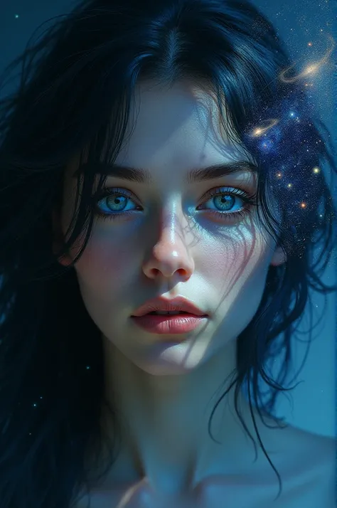 Half of the face of a young woman with black hair and blue eyes as if the universe were inside her