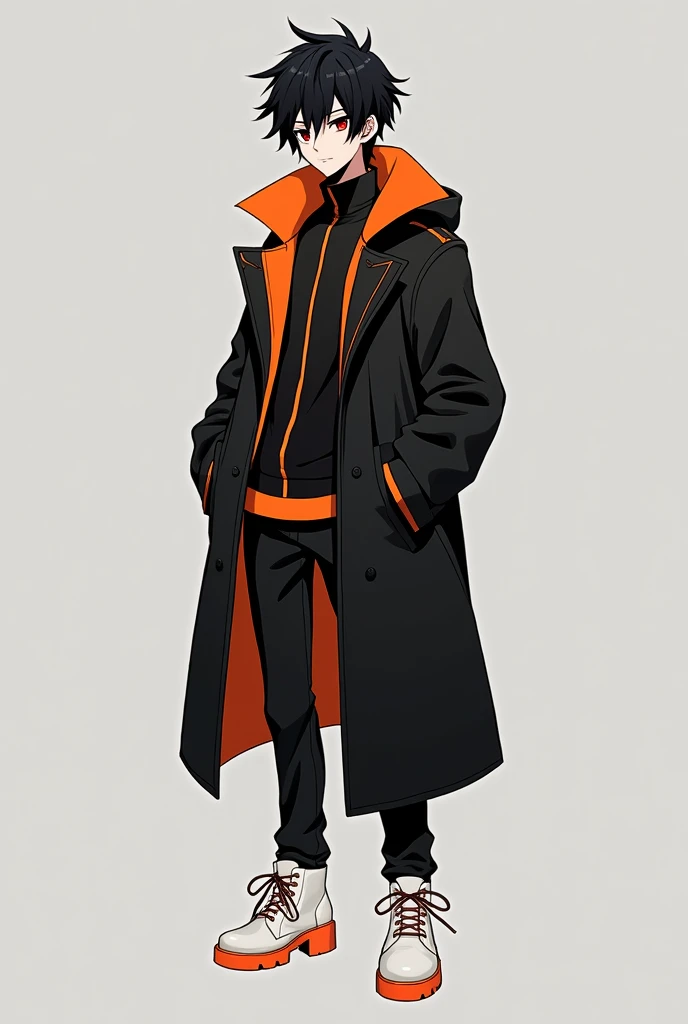 Make a young man of , with 1,76 tall, black hair, one red eye and one brown, with black coat with orange details, black pants, white boots