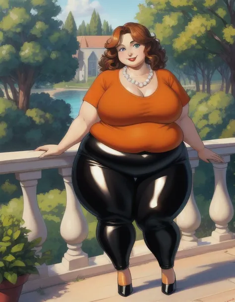 masterpiece, best quality, 1girl, portrait, 44yo woman, shoulder-length brown hair with some curly, blue eyes, medium breasts, round face, fat face, mascara, red lipstick, fat, chubby, round belly, plump body, ((Wearing: Orange V-neck shirt, pearl necklace...