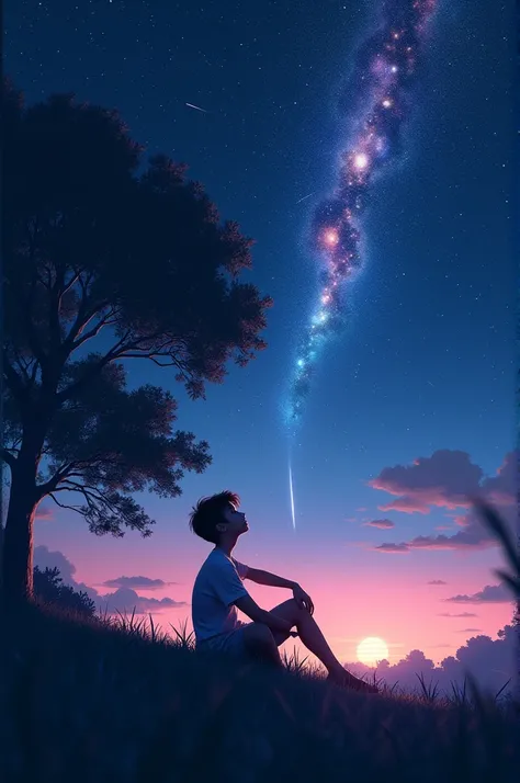 A tranquil scene depicting a young person sitting on a grassy hill, gazing up at a starlit sky filled with vibrant galaxies and shooting stars. Silhouetted against a deep blue night, a large tree frames the left side of the image. The horizon glows with so...