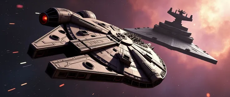 "In this stunning and intricately detailed scene, set amidst a surreal intergalactic battle, the Millennium Falcon emerges as a rare and iconic spaceship. The level of detail rivals the most vivid cinematic experiences, its sleek form gliding effortlessly ...