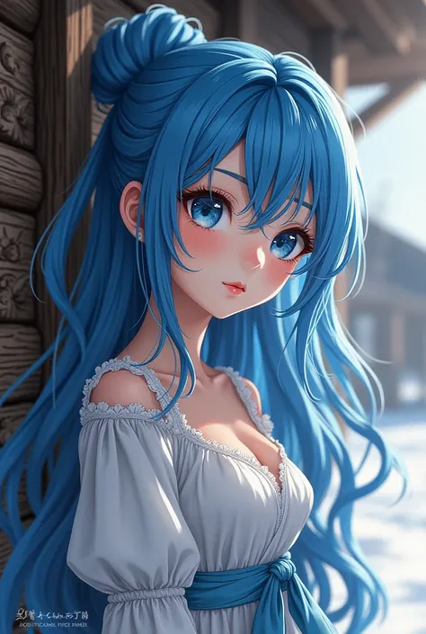 Anime girl Yumi with blue hair and black eyes. near the Ukrainian house 