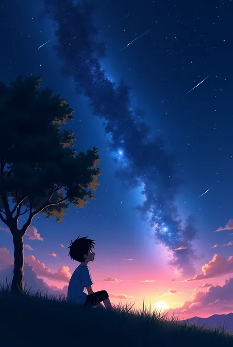 A tranquil scene depicting a young anime boy sitting on a grassy hill, gazing up at a starlit sky filled with vibrant galaxies and shooting stars. Silhouetted against a deep blue night, a large tree frames the left side of the image. The horizon glows with...