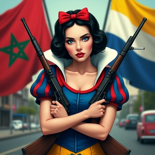 Create a logo with a version of Snow White holding an AK-47, arms crossed, with a joint in her mouth. She is located in a suburb known for drug trafficking, surrounded by the flags of Morocco, the Netherlands and Colombia