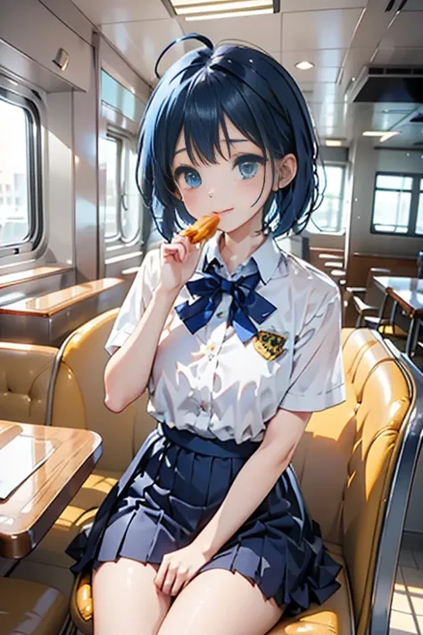 (((beautiful detailed)))(cute face:1.2)1girl, A girl stuffing her face with french fries, Girl crying while eating a pile of french fries, Inside a 1950s-style diner, 1950s-style interior, Navy blue hair, blue eyes, A short-sleeved white shirt with four ve...