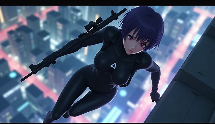 ((Ghost in the Shell Sac_Motoko Kusanagi from 2045,Ultra-high-definition Real 3D cG graphics of Kusanagi Motoko from the anime 攻殻機動隊、Motoko Kusanagi)))Purple Hair, Purple Eyes,Beautifully detailed eyes and mouth, Breathtakingly detailed and realistic skin,...