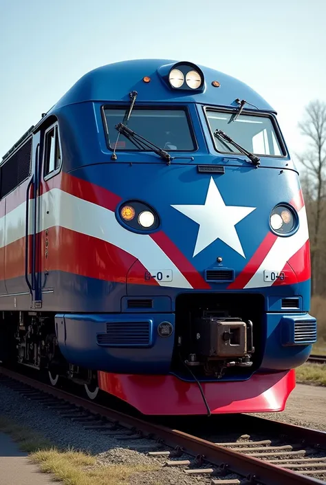 Captain America Train: A train in vibrant blue, with a large white star on the front. The body features red and white stripes, resembling Captain Americas shield. The train is sturdy and solid, embodying a sense of strength and patriotism.