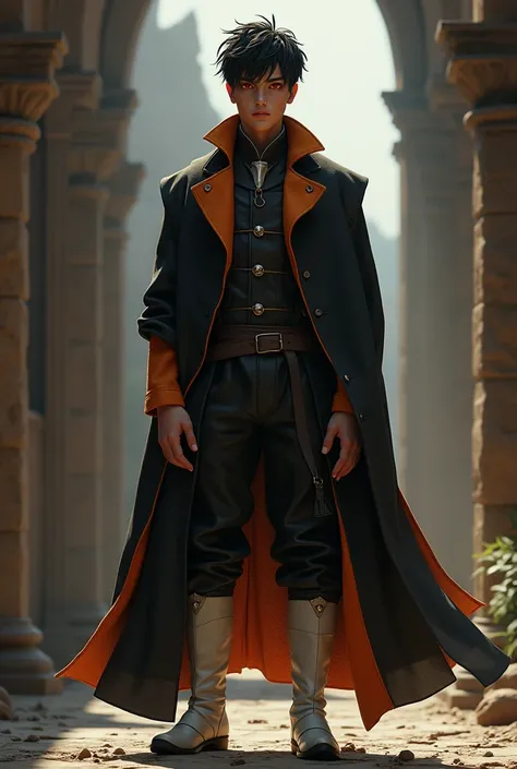 Make a young man of the middle ages , with 1,76 tall, black hair, one red eye and one brown, with black coat with orange details, black pants, white boots