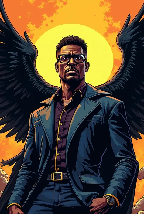 black man, <xml><input>de oculos</input></xml>, and cover like a comic book style crow