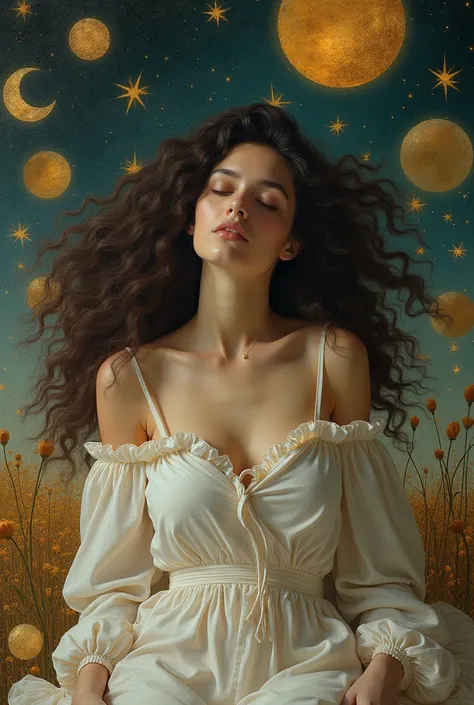 (photorealism:1.2), beautiful woman, wearing loose off-shoulder top, pajama pants, long curly hair, indoors.creating an artwork that visually represents the theme of "asleep" by using a surreal approach, incorporating elements like floating dreamscapes, di...