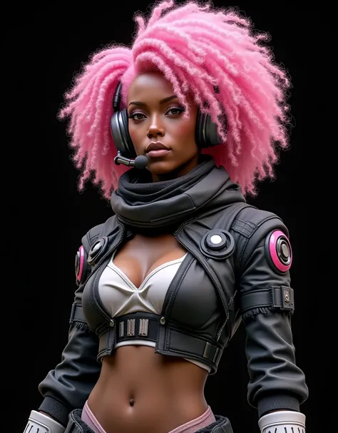 A futuristic, cyberpunk-style character. The subject is a person with medium brown skin and striking pink curly hair styled in an elaborate, voluminous manner. They are adorned with high-tech gear, including a headset with a microphone, various gadgets, an...