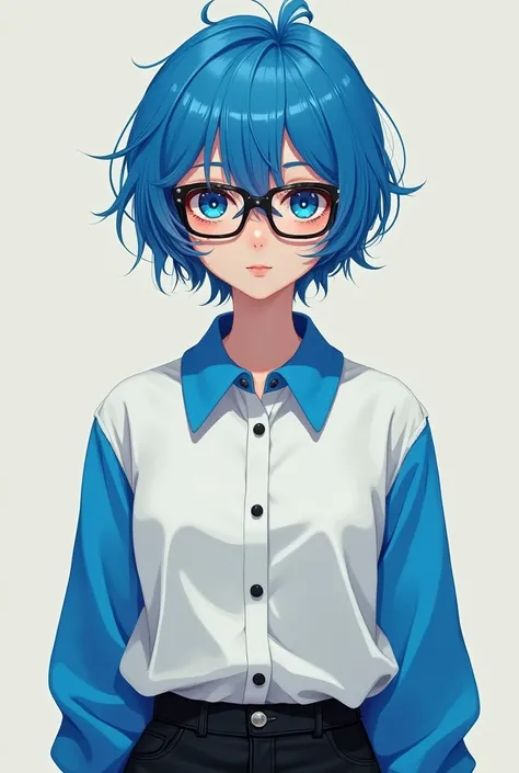 depict a girl with short blue hair, blue eyes, glasses, wearing a white and blue shirt, tight black pants