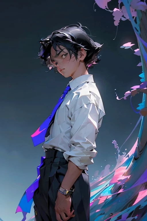 A highly stylized anime illustration of a young boy in side profile. The boy has short, slightly messy black hair with distinct, clean outlines, and large expressive eyes typical of anime style. He is wearing a school uniform with a crisp white shirt and a...