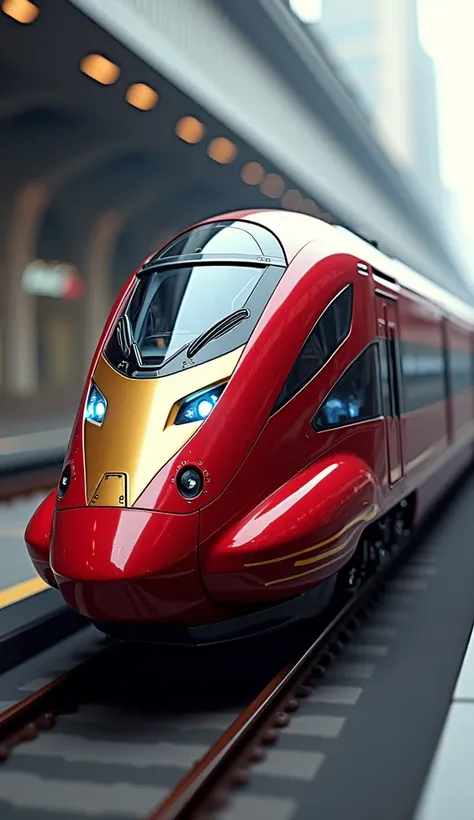 Iron Man Train: A sleek, futuristic train in red and gold with glowing blue arc reactor lights along the sides. The trains front resembles Iron Mans helmet, and the design is aerodynamic with advanced technology features.