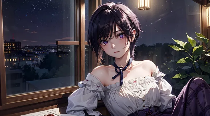 Detailed background, Masterpiece, Top quality, (Woman), (alone in window seat with glass of whiskey), ((outside window is Stamboul at night)), Long hair, Purple eyes, Stars in eyes, Strapless blouse, Long skirt