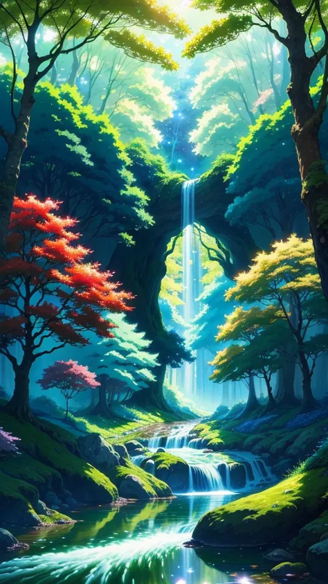 Viral anime nature wallpaper in 4K quality, in the style of digital illustration inspired by Hayao Miyazaki, featuring a serene forest with towering ancient trees, dappled sunlight filtering through the leaves, a gentle stream flowing through the scene, an...