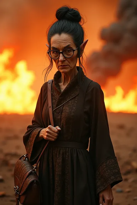 Create the elderly alien from the movie the elderly ET with black hair in a bun tied on top of her head wearing a dress and a shoulder bag with thick glasses, in the background everything is on fire, ultra realistic vivid HD cores