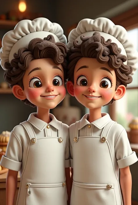 White male twins with curly hair dressed as bakers 