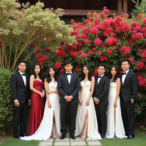 Photography of three handsome men with clean and real Indonesian faces dressed in formal black suits, along with three beautiful women with black hair and wearing white dresses. In the background of the garden flower at sun rise with beautiful lights. Very...