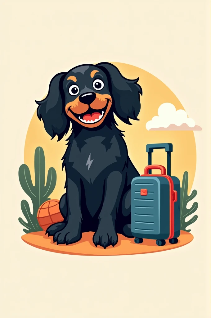 Je souhaite créer un logo de travel planner pet friendly : un cocker noir joyeux assis à côté dune valise