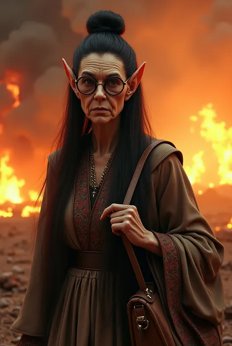 Create the elderly alien from the movie the elderly ET with black hair in a bun tied on top of her head wearing a dress and a shoulder bag with thick glasses, in the background everything is on fire, ultra realistic vivid HD cores