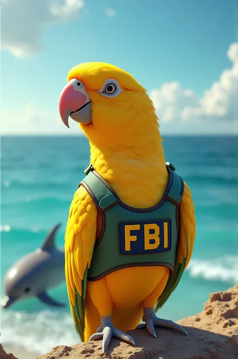 Yellow parrot with FBI vest next to the sea with a dolphin
