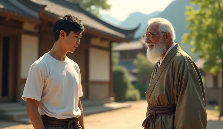 A young man in a white t-shirt talking to an older man in old-fashioned clothes outside a house in a village 