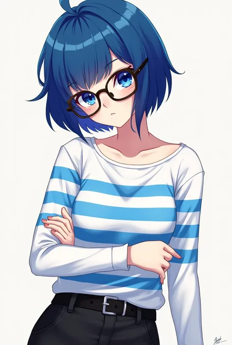 depicts a girl with short blue hair, blue eyed, wearing glasses, wearing a white and blue shirt, black tight pants