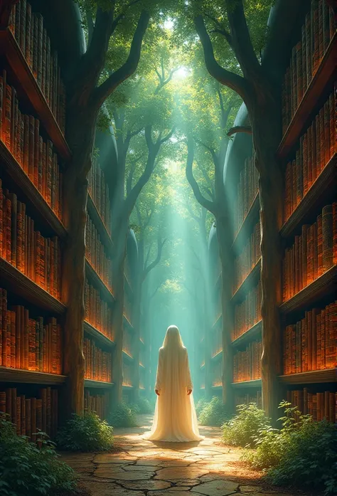 （Inside Enchanted magical Library,  Its shelves are adorned with books glowing with untold secrets and silent murmurs of hidden longings., Large and beautiful library with brightness, brilliant books, magical, shiny walls，Fantasy，Leonora Carrington，a Fanta...