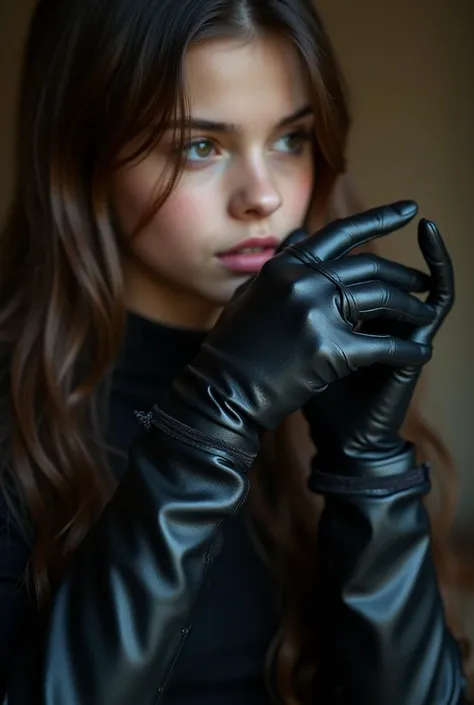 Hand of girl with balck leather gloves