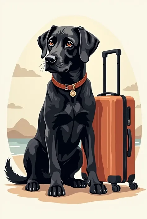 Je souhaite créer un logo de travel planner pet friendly : un cocker noir serein assis à côté dune valise