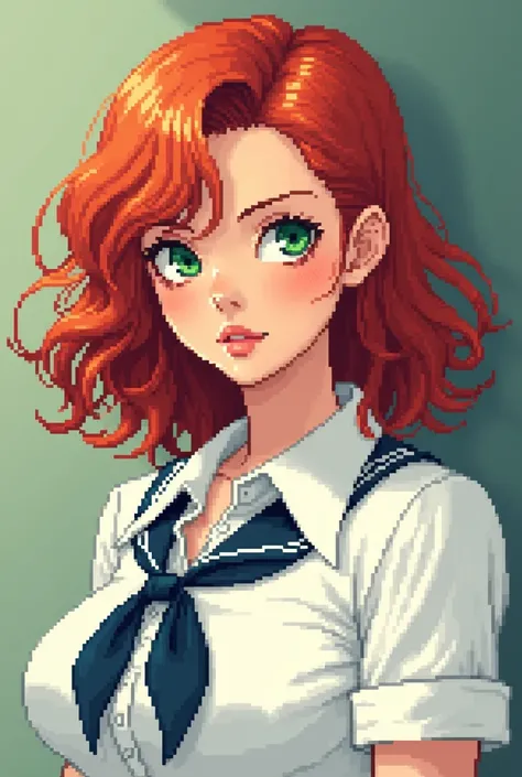 Piksel art style , make a women with Red hair, green eyes , wear white School uniform 