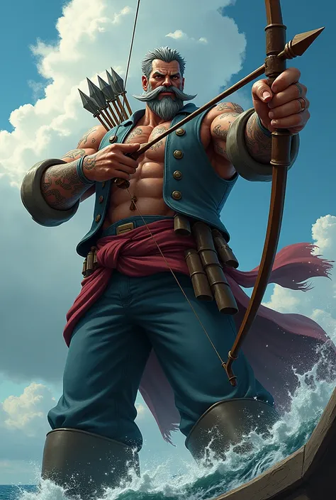 A realistic image of Newgate from One Piece holding a bow and arrow.